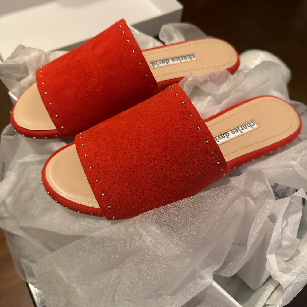 Charles David 100% real leather suede slip on flat sandals in red